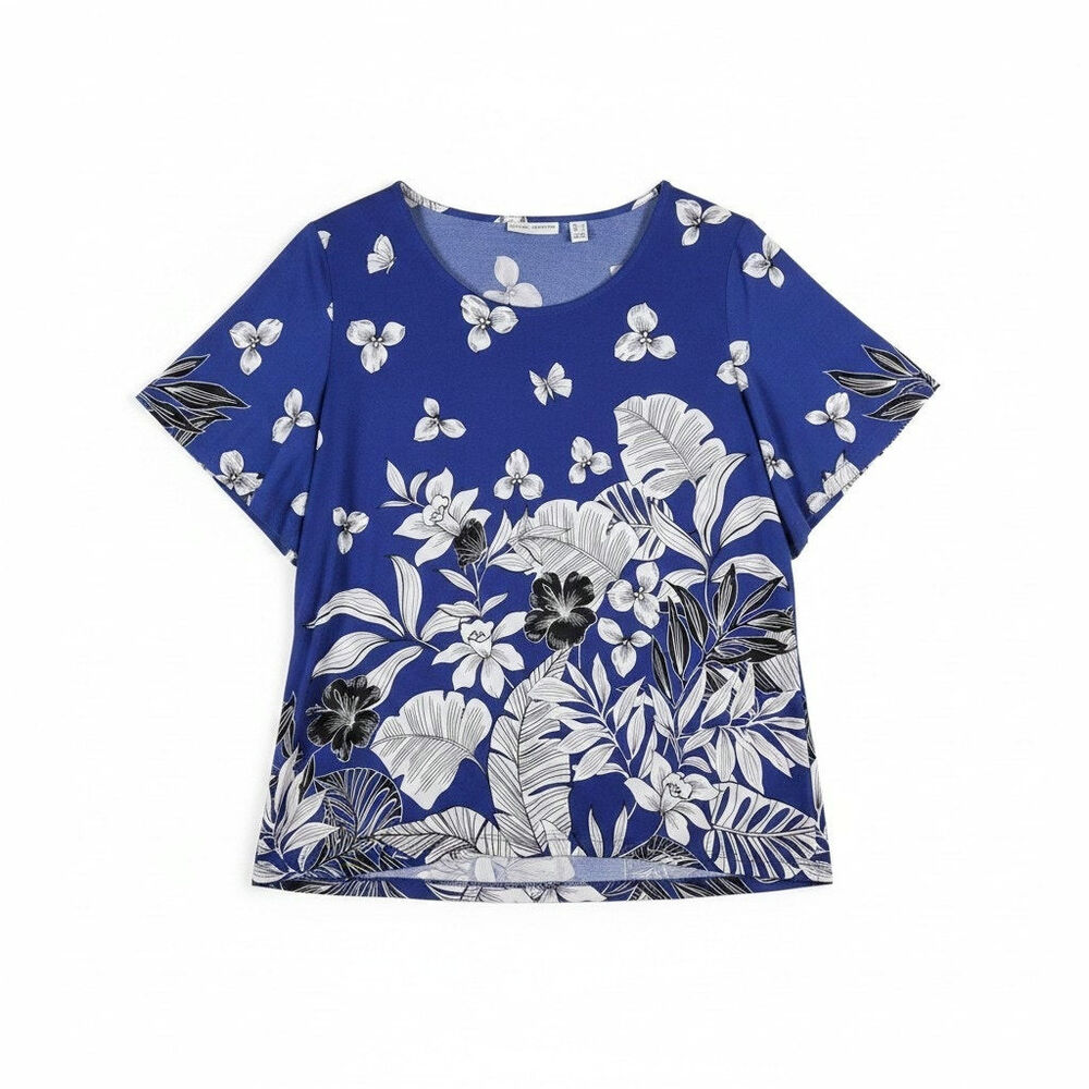 Susan Graver Tropical Botanical Print Top Flowy  Liquid Knit Large Dolman Resort